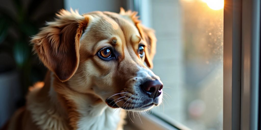 Worried dog looking out window