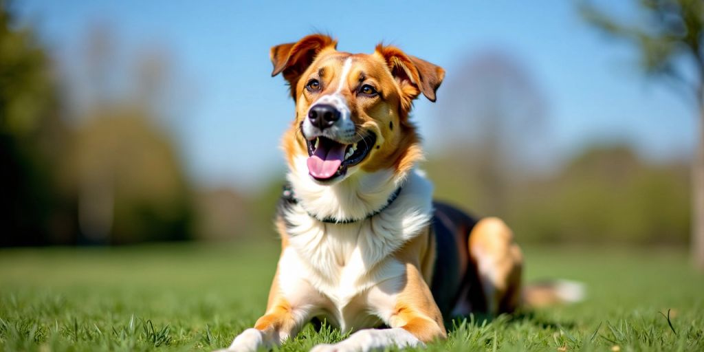 Happy dog sitting on grassy lawn