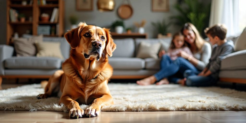 Calm dog on living room rug with family.