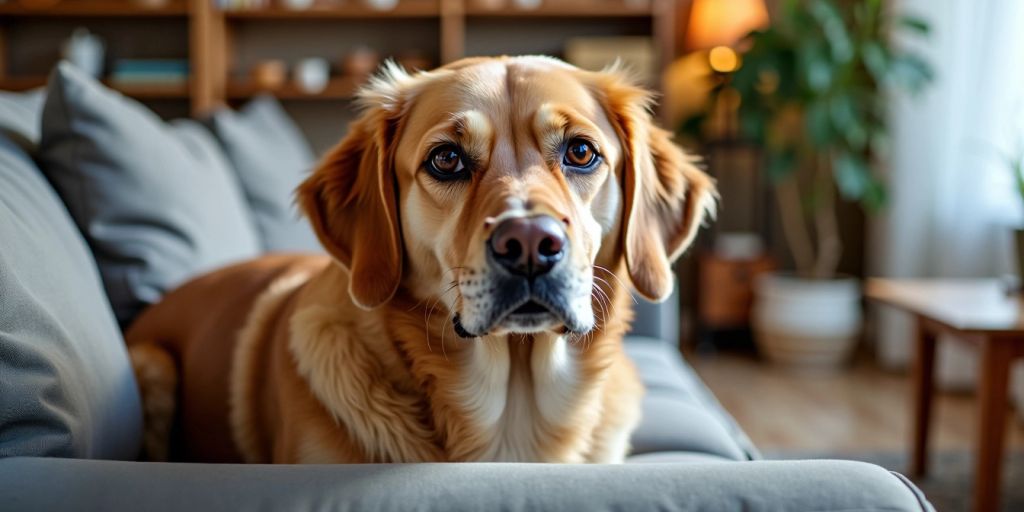 Calm dog sitting quietly on a couch