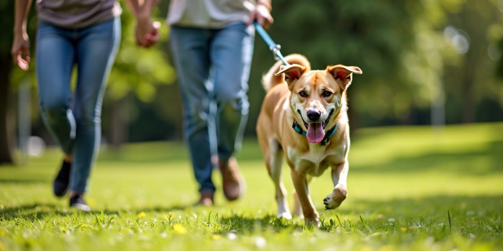 Dog walking on leash with owner in park.