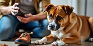 Owner holding chewed shoe, guilty dog nearby.