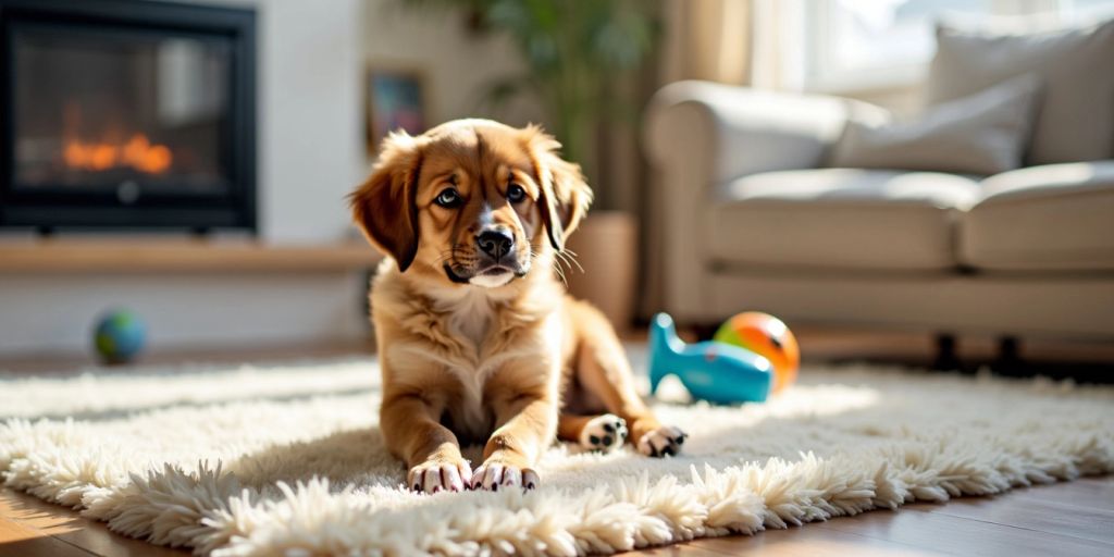 Puppy on rug in living room with toys